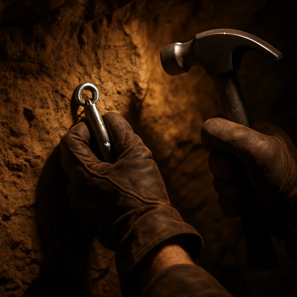Caver installing a bolt anchor in cave rock wall at top of a vertical shaft