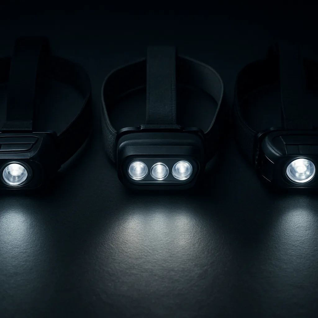 Three LED caving headlamps side by side for comparison — beam output test